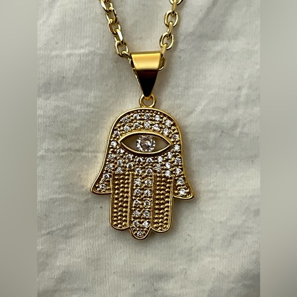 14k Gold Hamsa Third Eye Necklace Bracelet Jewelry Set Hand of Fatima Gift Sets - Picture 4 of 9